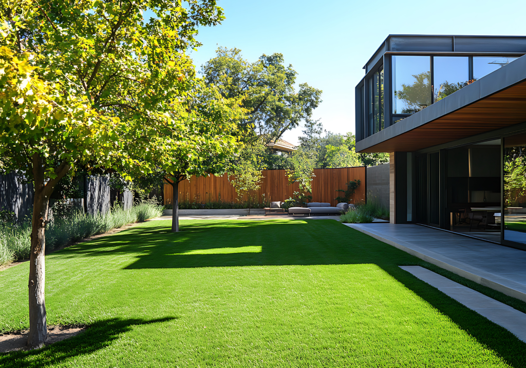 Perfectly striped lawn freshly mowed with neat edges.