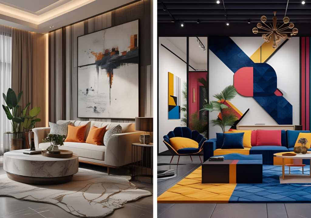 Neutral-toned living room with timeless design details and natural textures. Vs Bold colourful tones and furniture