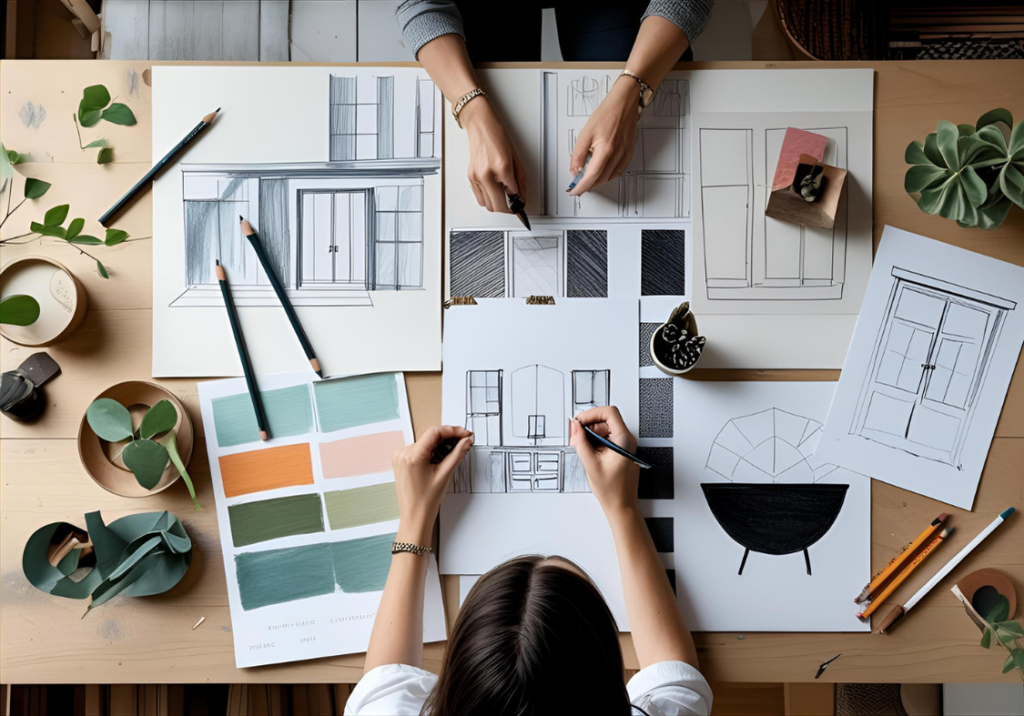 Sketches of a house floorplan with pencils and design tools on a desk.