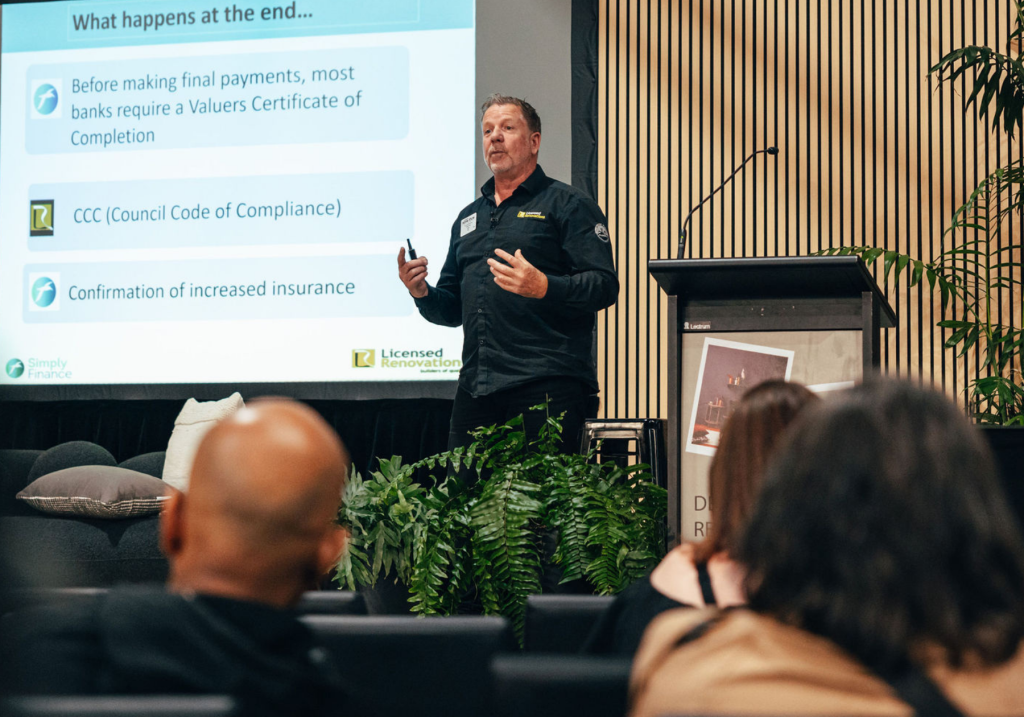 Homeowners listening to an expert speaker at the Auckland Home Show.