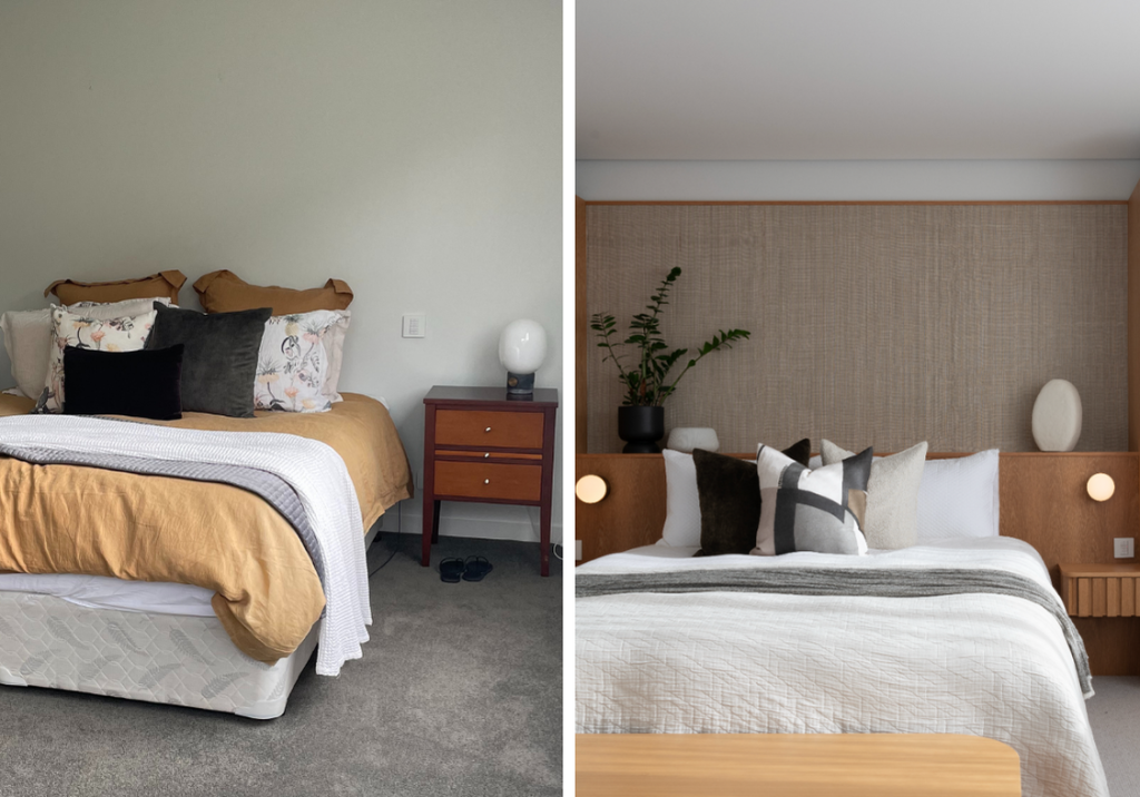 Before and after of a bedroom made over with fresh cushions, artwork, and indoor plants.
